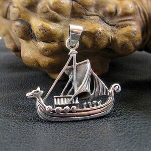 Solid 925 Sterling Silver Viking Age Longship Dragon Boat Pendant